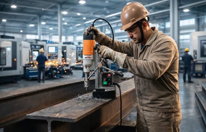 Imagem de rapaz em uma indústria, utilizando uma furadeira de base magnética da Merax.