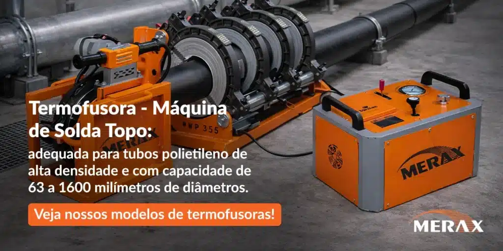 Termofusora - Máquina de Solda Topo: adequada para tubos polietileno de alta densidade e com capacidade de 63 a 1600 milímetros de diâmetros.
Veja nossos modelos de termofusoras!