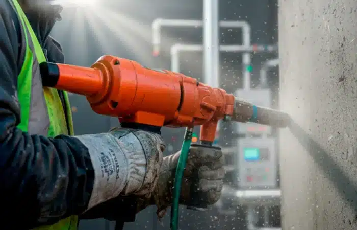 Trabalhador usando equipamento perfuratriz de concreto, ilustrando um artigo de mesmo tema da Merax.